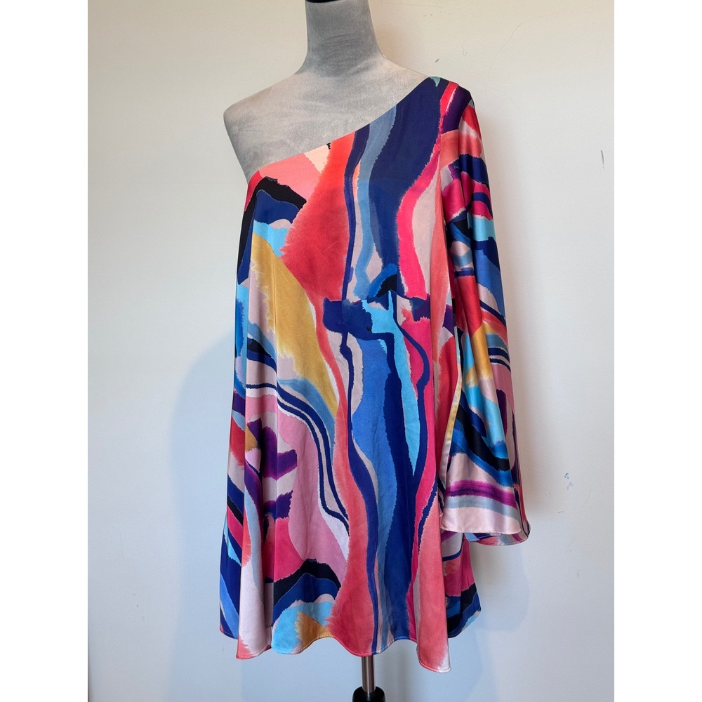 BHLDN Anthropologie One Shoulder Abstract Watercolor Bell Sleeve Mini Dress M